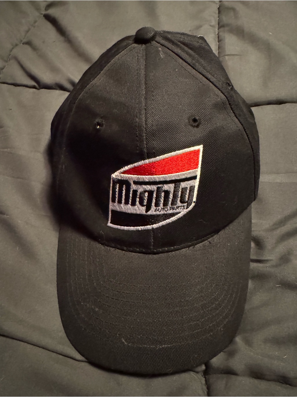 Mighty Auto Parts Black Logo Baseball Cap  Black With Red  White Patch